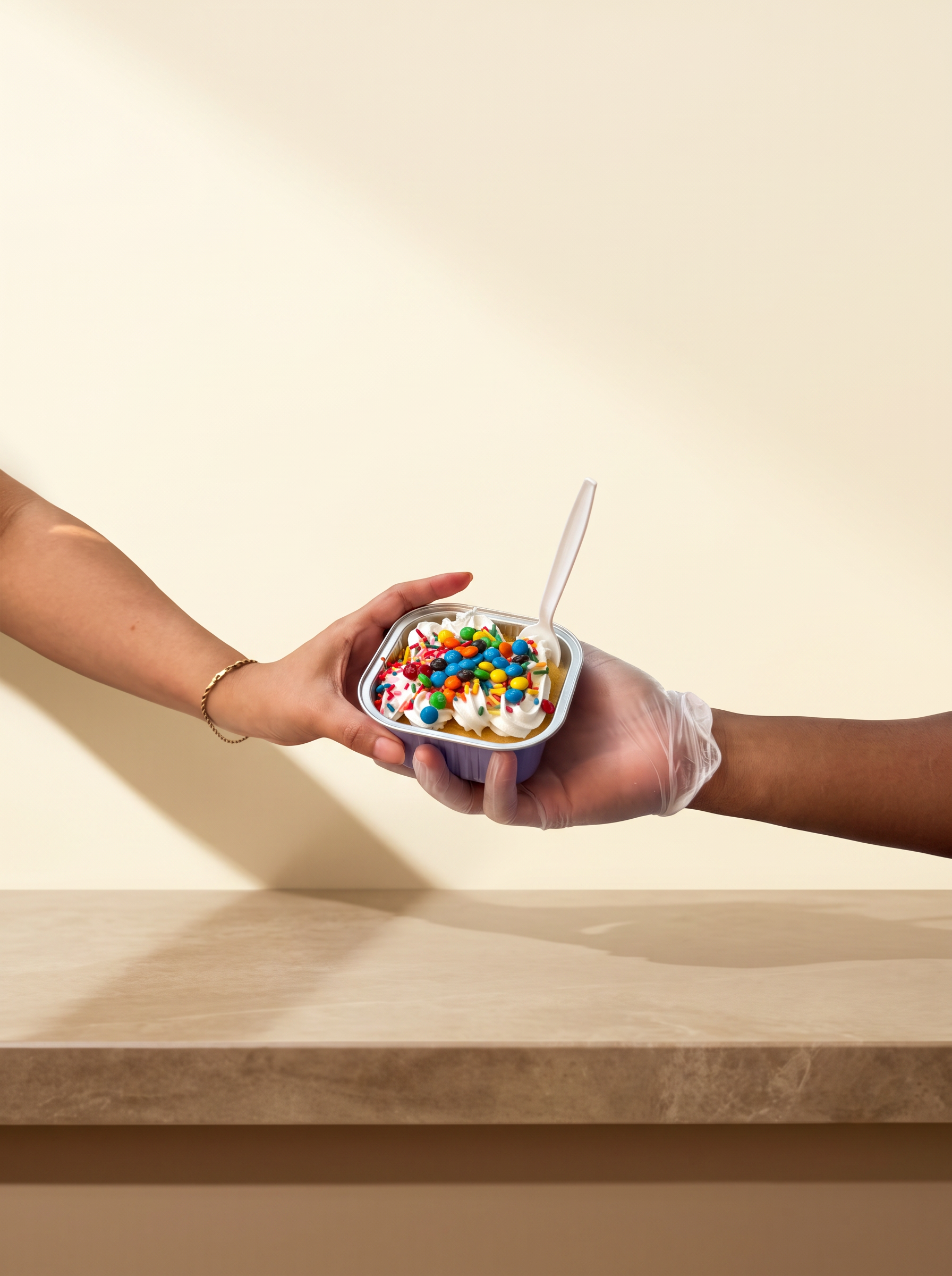 Cake bar serving topped with whipped cream, candy and sprinkles